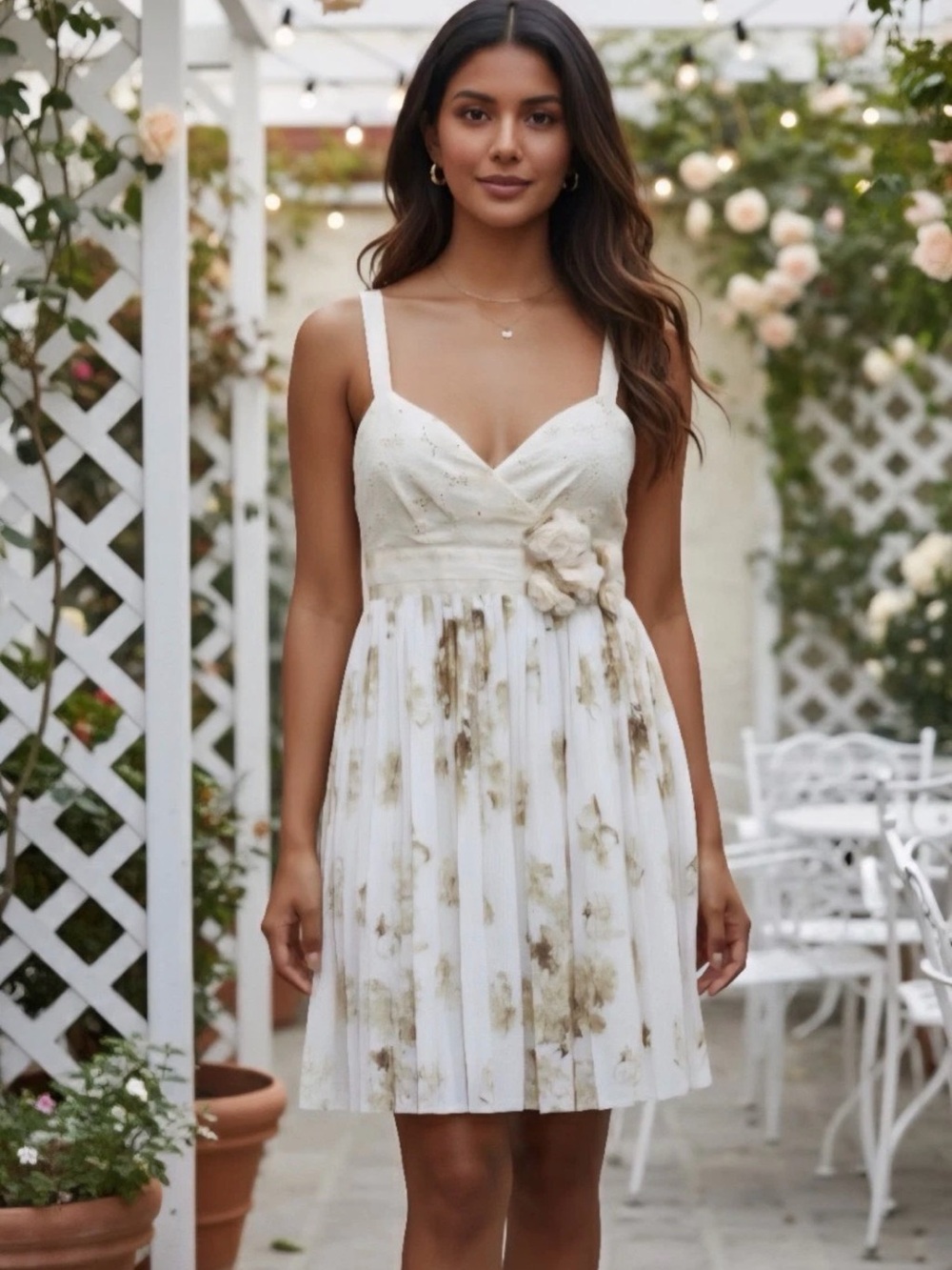 Anthropologie Deletta Ivory Floral Pleated Mini Dress with Rosette